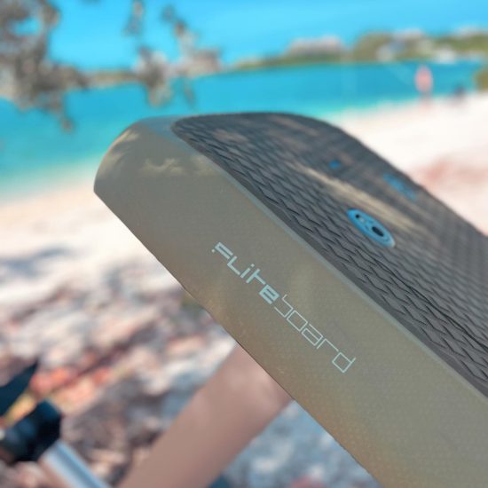 Close-up shot of a Fliteboard on a sunny Sarasota beach